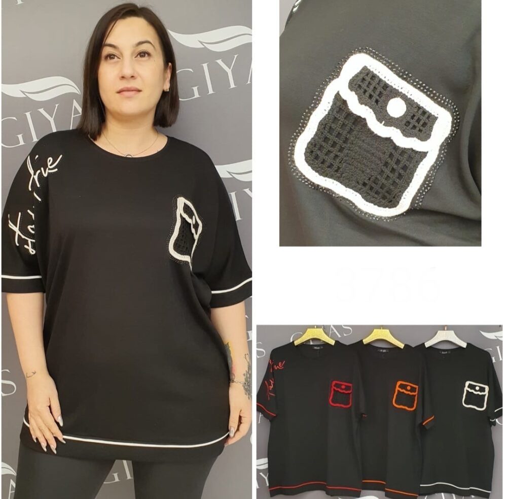 T-shirt pomarańczowa kieszeń plus size z imitacją kieszonki